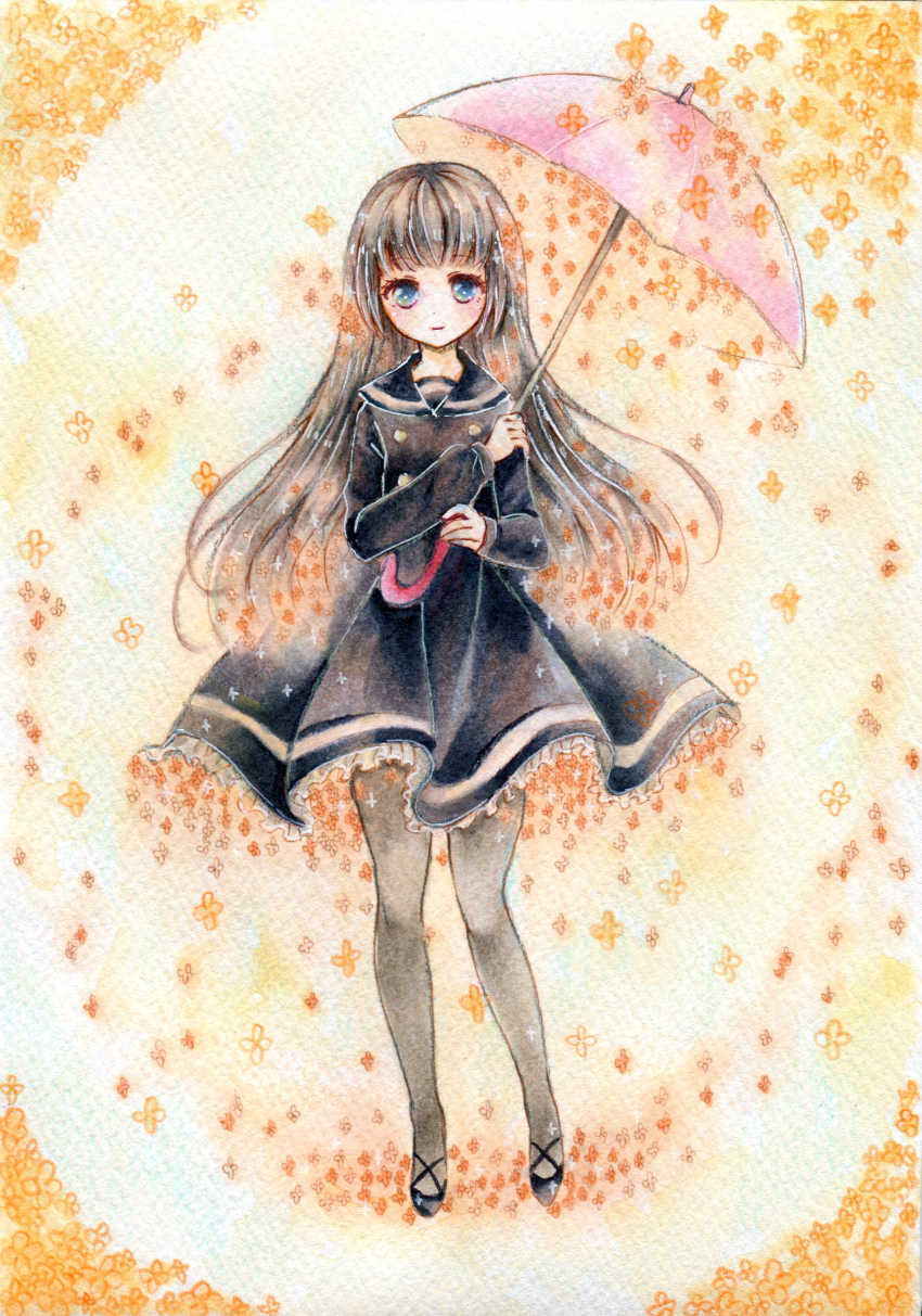 1girl absurdres amu_(m_aa) black_dress black_hair black_pantyhose black_shoes blue_eyes blush closed_mouth commentary_request dress flat_chest flower frilled_dress frills full_body highres holding holding_umbrella long_hair long_sleeves looking_at_viewer orange_flower original painting_(medium) pantyhose sailor_dress shoes smile solo traditional_media umbrella watercolor_(medium)