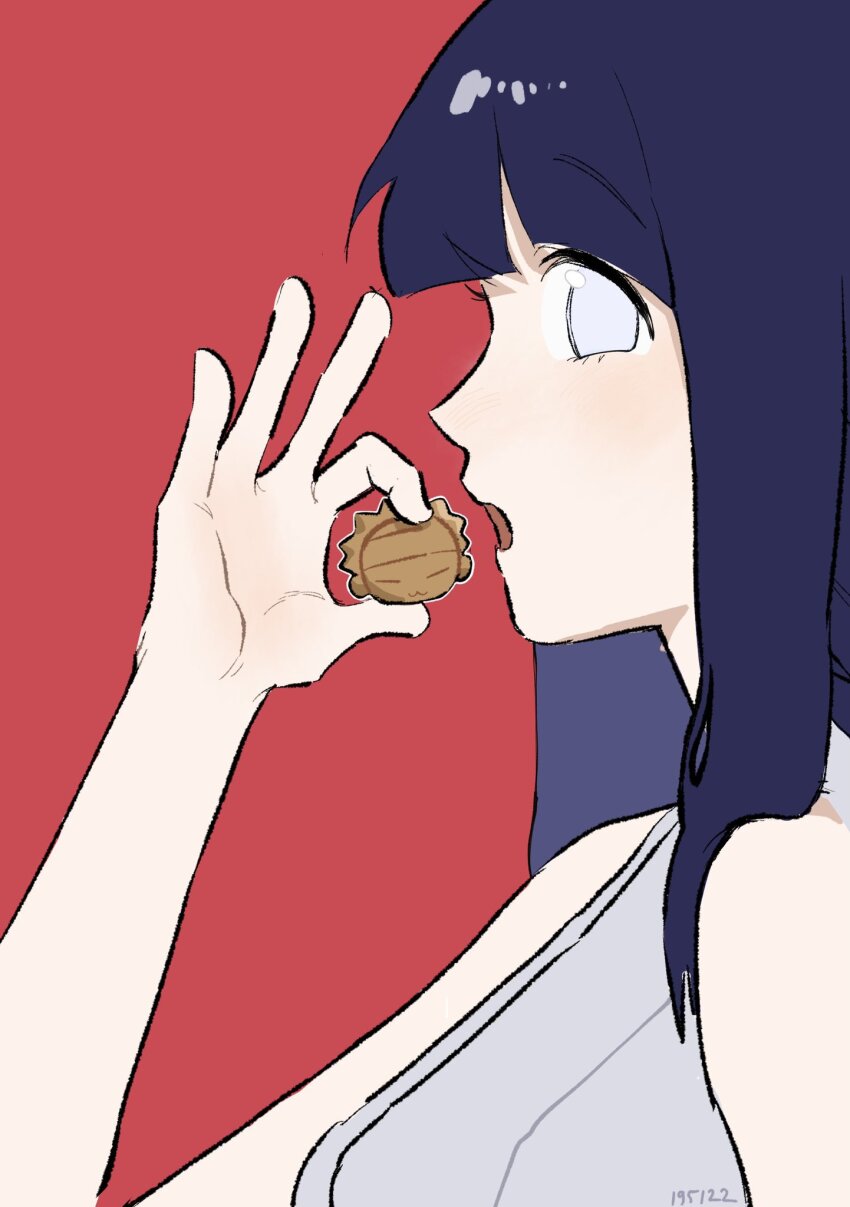 1girl artist_name black_hair character-themed_food food from_side hashtag-only_commentary highres holding holding_food hyuuga_hinata looking_at_viewer naruto_(series) naruto_shippuuden no_pupils ns195122 open_mouth red_background sleeveless solo upper_body white_eyes