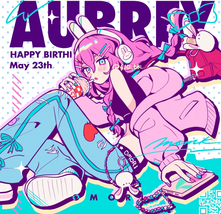1girl 610_bk :o animal_ear_headphones animal_ears aqua_bow aqua_eyes aqua_nails arm_support aubrey_(birthday)_(omori) aubrey_(faraway)_(omori) aubrey_(omori) barcode bare_shoulders beads belt black_belt black_shirt blue_pants blush bow braid breasts character_name commentary crop_top cropped_shirt cup cupcake_bunny_(omori) denim disposable_cup double-parted_bangs eyebrows_hidden_by_hair fake_animal_ears foot_out_of_frame forest_bunny?_(omori) hair_between_eyes hair_bow hair_ornament happy_birthday headphones highres holding holding_cup jacket jacket_partially_removed jeans jewelry knee_up long_hair long_sleeves looking_at_viewer midriff mr._plantegg_(omori) multicolored_nails navel official_alternate_costume official_alternate_hairstyle omori open_mouth pants phone pink_hair pink_jacket pink_nails polka_dot polka_dot_background puffy_long_sleeves puffy_sleeves purple_nails rabbit_ear_headphones red_bag ring shirt shoes simple_background sitting sleeveless sleeveless_shirt small_breasts solo sparkle symbol-only_commentary torn_clothes torn_pants twin_braids twitter_username white_background white_shoes