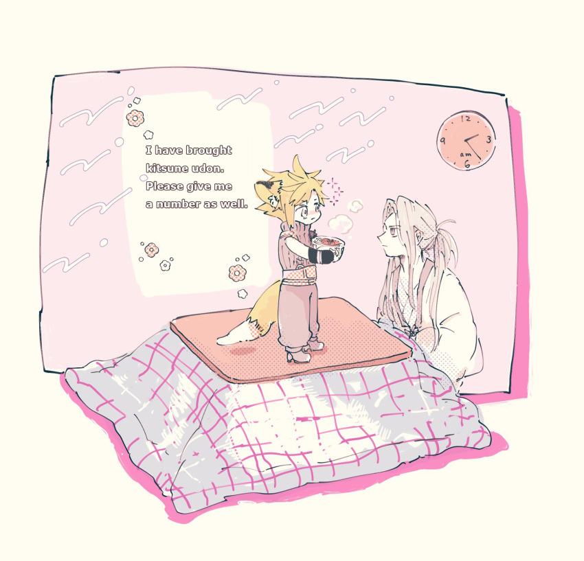2boys alternate_costume alternate_hairstyle animal_ears belt black_gloves blanket blonde_hair boots bowl brown_eyes clock cloud_strife commentary cup_ramen donbee_(food) donbei_kitsune_udon english_text expressionless final_fantasy final_fantasy_vii final_fantasy_vii_remake flower fox_boy fox_ears fox_tail gloves grey_hair hands_up hard-translated highres holding holding_bowl instant_udon japanese_clothes kimono kotatsu long_bangs long_hair long_sleeves looking_at_another male_focus multiple_boys nishimi_zaki nissin_donbei on_table pants parted_bangs pastel_colors pink_background ponytail puffy_pants purple_sweater sephiroth short_hair sitting sleeveless sleeveless_sweater sleeveless_turtleneck standing steam suspenders sweater table tail third-party_edit turtleneck turtleneck_sweater under_kotatsu under_table white_kimono