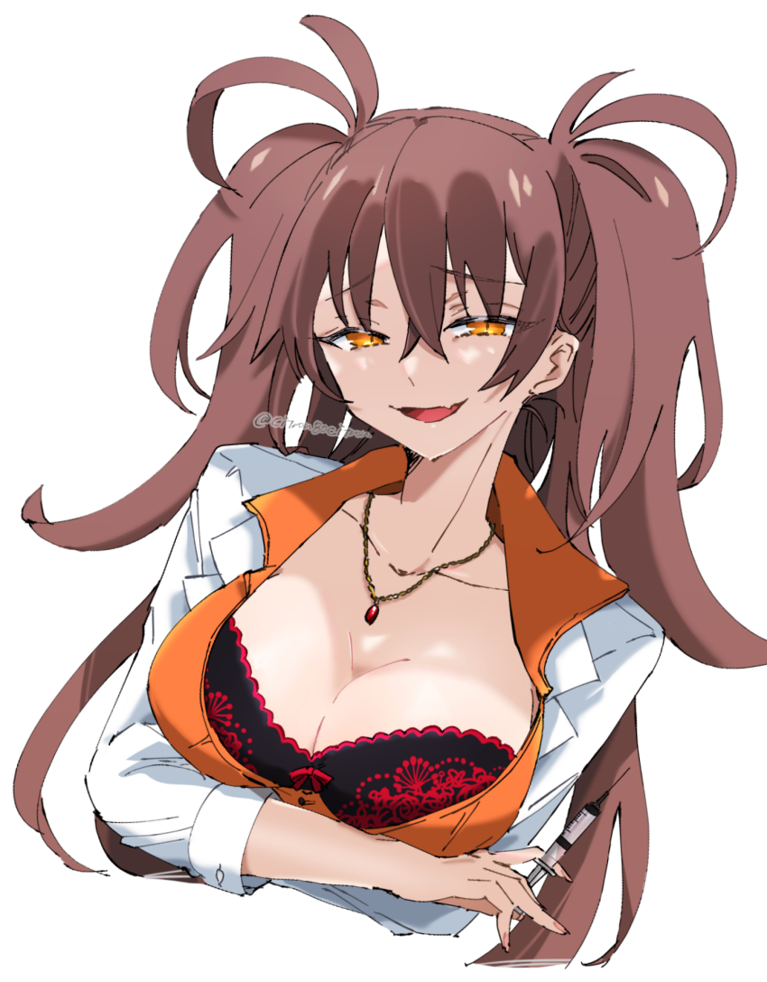 1girl arms_under_breasts blush bra breasts brown_hair citron80citron cleavage collarbone commentary_request cropped_torso dr._arach highres holding holding_syringe jacket jewelry lace lace-trimmed_bra lace_trim large_breasts long_hair long_sleeves looking_at_viewer open_mouth orange_eyes orange_shirt pendant shirt simple_background solo syringe tsukihime tsukihime_(remake) twitter_username two_side_up underwear white_background white_jacket