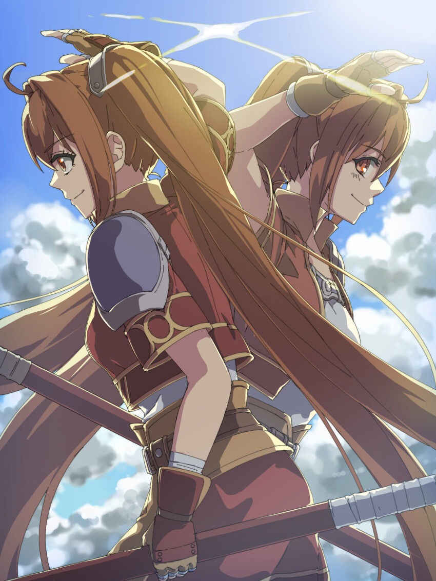 1girl ahoge antenna_hair armor blue_sky brown_hair chiharu_(9654784) cloud cropped_jacket eiyuu_densetsu estelle_bright fingerless_gloves gloves hair_between_eyes highres holding holding_staff holding_weapon long_hair outdoors pauldrons red_eyes sen_no_kiseki sen_no_kiseki_(series) sen_no_kiseki_iv shorts shoulder_armor single_pauldron sky smile sora_no_kiseki staff twintails very_long_hair weapon