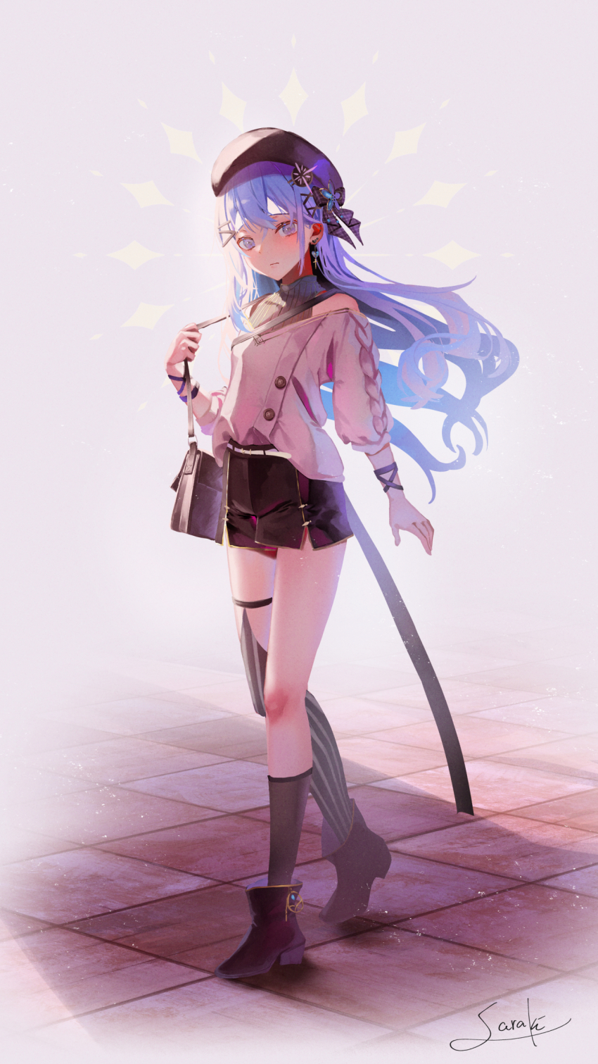 1girl bag beret black_hat black_shorts black_socks blue_eyes blue_hair boots brown_boots closed_mouth commentary_request floating_hair grey_background grey_shirt hair_between_eyes hair_ornament hairclip hand_up hat high_heel_boots high_heels highres holding_strap jacket long_hair long_sleeves looking_at_viewer off_shoulder original puffy_long_sleeves puffy_sleeves ribbed_shirt saraki shirt short_shorts shorts shoulder_bag signature single_sock single_thighhigh sleeveless sleeveless_shirt socks solo striped_clothes striped_thighhighs thighhighs vertical-striped_clothes vertical-striped_thighhighs very_long_hair walking white_jacket