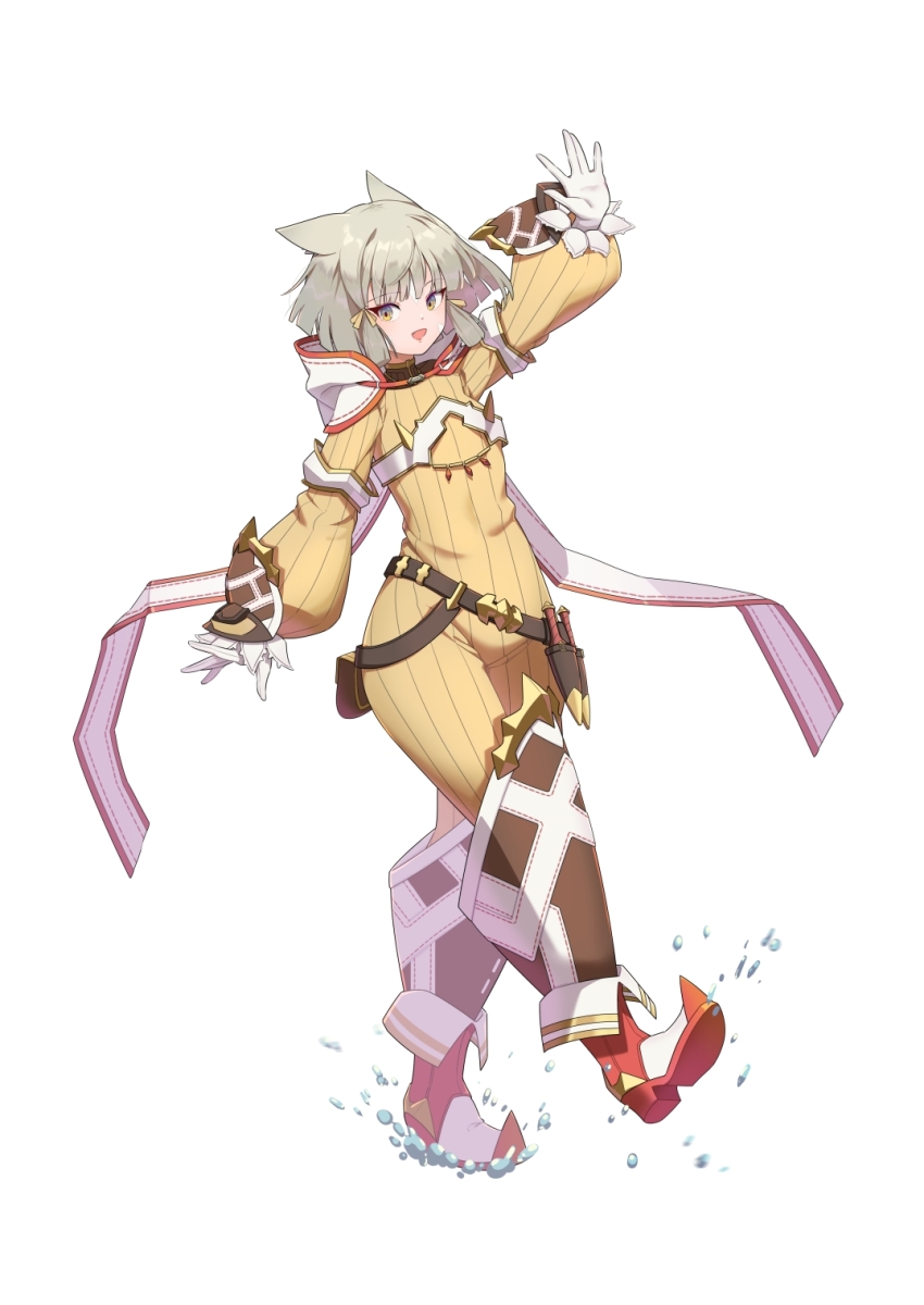 1girl animal_ears belt bodysuit brown_belt cat_ears cat_girl commentary dagger facial_mark flat_chest fold-over_boots full_body gloves grey_hair hand_up hehe_jun highres knife looking_at_viewer nia_(xenoblade) open_mouth outstretched_arms red_footwear sheath sheathed short_hair sidelocks simple_background smile solo walking weapon white_background white_gloves xenoblade_chronicles_(series) xenoblade_chronicles_2 yellow_bodysuit yellow_eyes