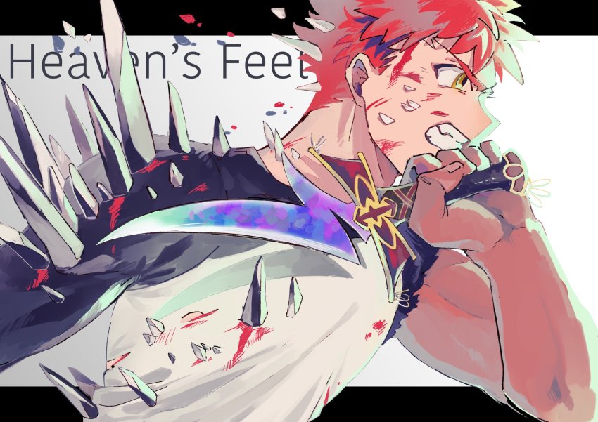 1boy blood blood_on_face blood_on_clothes emiya_shirou english_text fate/stay_night fate_(series) heaven&#039;s_feel highres holding holding_weapon male_focus raglan_sleeves red_hair rulebreaker shirt solo sword torn_clothes ueki1230 upper_body weapon yellow_eyes
