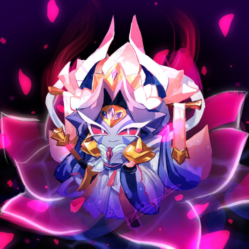 1other bad_id bad_twitter_id black_background black_gloves blue_gemstone blue_hair blue_sky bright_pupils closed_mouth colored_eyelashes cookie_run cookie_run:_ovenbreak curtained_hair earrings facial_mark falling_petals flower from_above full_body gem gloves gold_earrings gold_tiara guitar highres holding holding_guitar holding_instrument horns inactive_account instrument japanese_clothes jewelry kimono long_hair long_sleeves looking_at_viewer lotus_dragon_cookie lotus_dragon_cookie_(warlord_of_the_eternal_lotus) official_alternate_costume official_alternate_eye_color official_alternate_hair_color official_alternate_hairstyle official_alternate_skin_color other_focus parted_bangs petals pink_eyes pink_flower red_brooch rn9j simple_background sky smile solo standing tassel tassel_earrings very_long_hair white_eyelashes white_kimono white_pupils wide_sleeves