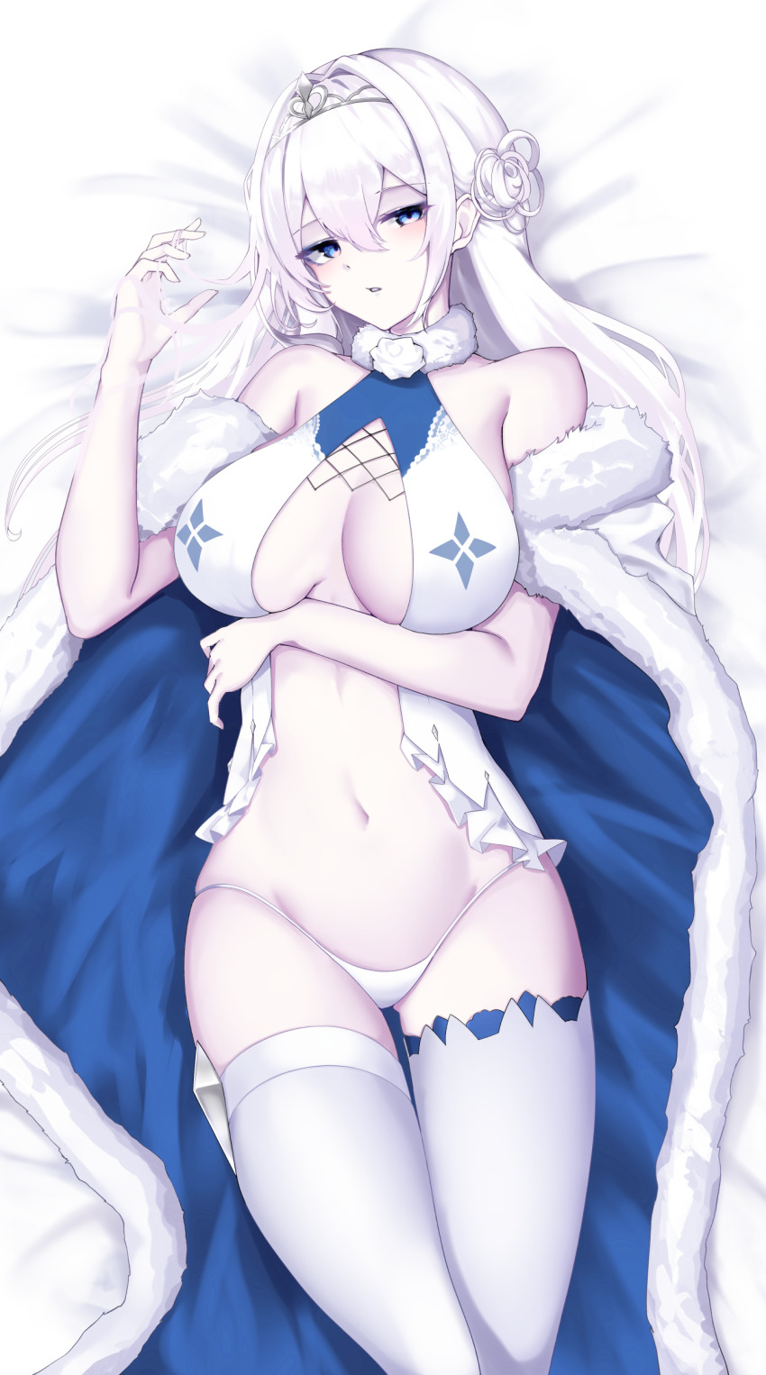 absurdres bed blue_cape blue_eyes cape colored_skin crown fur-trimmed_jacket fur_collar fur_trim highres jacket lingerie lying masaki_nanaya original panties playing_with_own_hair thighhighs tired underwear white_hair white_lingerie white_panties white_skin