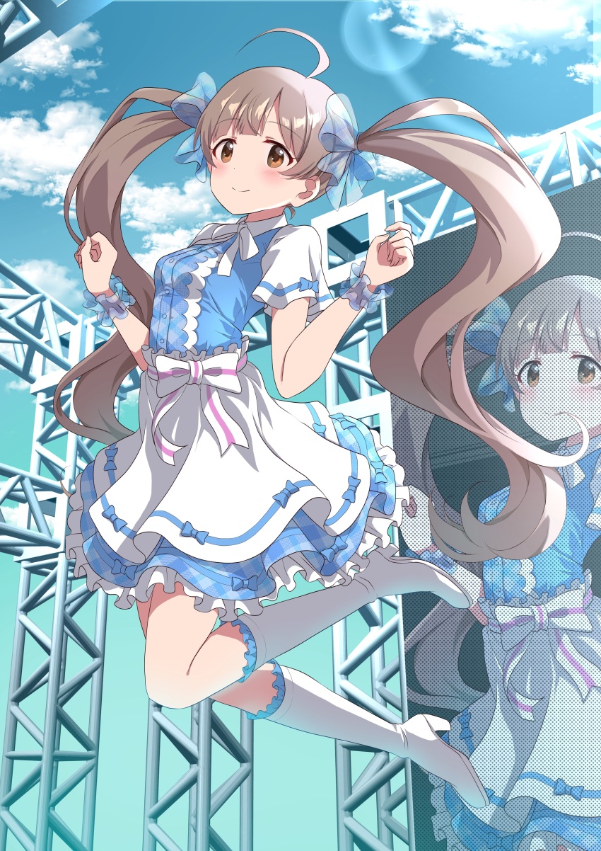 1girl 3d_background absurdres ahoge apron birthday blue_bow blue_dress blue_sky blue_socks blue_wrist_cuffs blunt_bangs blush boots bow breasts brown_eyes brown_hair closed_mouth cloud commentary_request concert day dot_nose dress fingernails frilled_dress frilled_socks frills full_body hair_bow hakozaki_serika high_heel_boots high_heels highres idol idol_clothes idolmaster idolmaster_million_live! jumping knee_boots kneehighs lens_flare long_hair looking_at_viewer multiple_views official_alternate_costume outdoors plaid_clothes plaid_dress recurring_image screen see-through_bow see-through_clothes see-through_sleeves see-through_wrist_cuffs short_sleeves sidelocks sky small_breasts smile socks solo_focus split_mouth stage three_quarter_view twintails very_long_hair w_arms white_apron white_boots white_bow white_high_heels wrist_cuffs yukipo_p