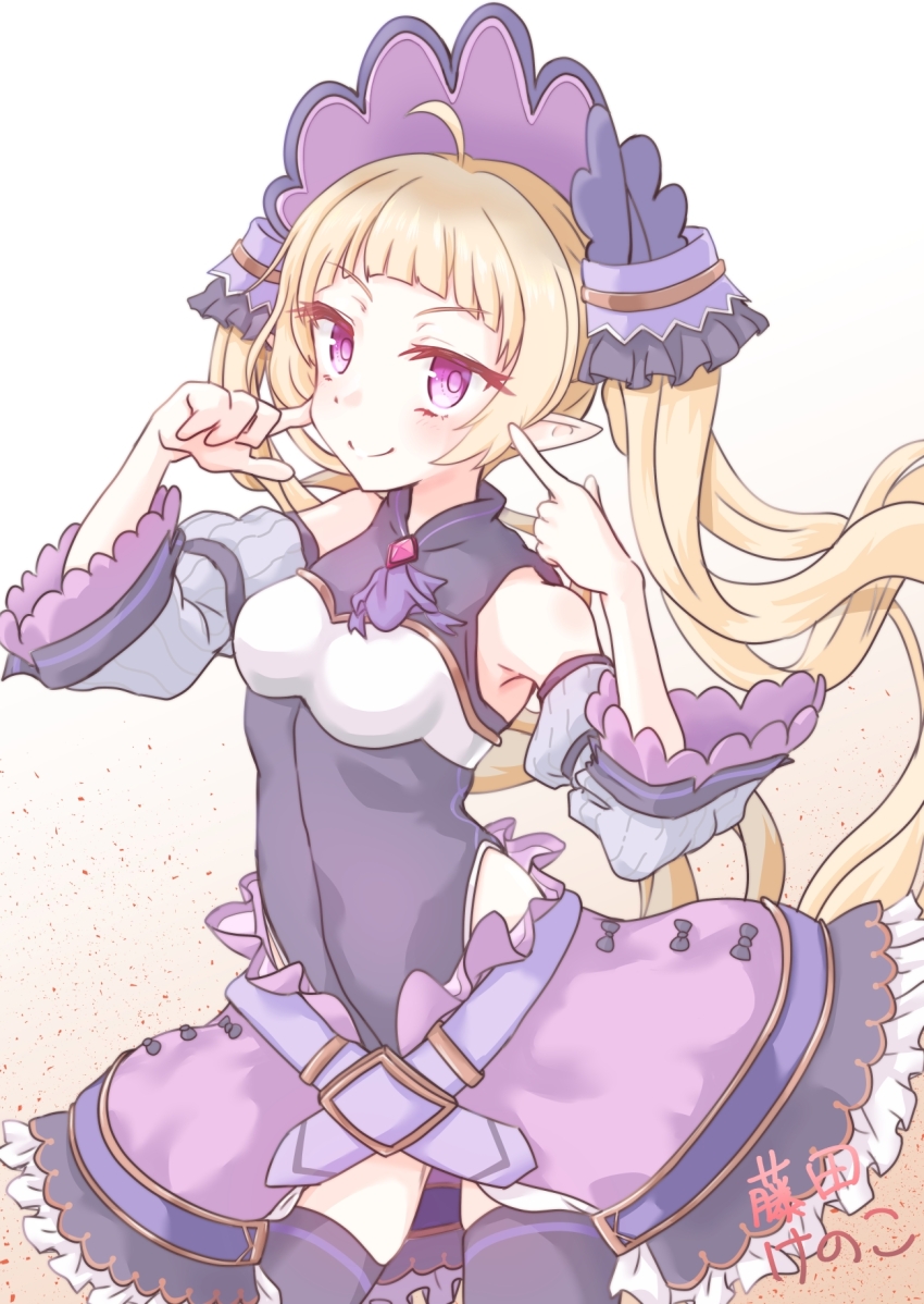 1boy ahoge armpits artist_name artist_request bare_hips bare_shoulders belt blonde_hair blush breasts chest_jewel crossdressing detached_sleeves elf finger_on_cheek frilled_skirt frilled_sleeves frills hair_ornament headdress hime_cut long_hair looking_at_viewer male_focus pink_skirt pointing pointing_at_self pointy_ears princess_connect! purple_eyes simple_background skirt small_breasts smile source_request thighhighs trap twintails very_long_hair white_background yuki_(princess_connect!) zettai_ryouiki