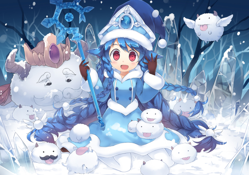 1girl :d alternate_costume blue_hair braid coat female_focus fred04142 hat league_of_legends long_hair looking_at_viewer lulu_(league_of_legends) open_mouth poro_(league_of_legends) poro_king red_eyes sitting smile solo staff twin_braids wariza winter_clothes winter_coat winter_wonder_lulu witch_hat