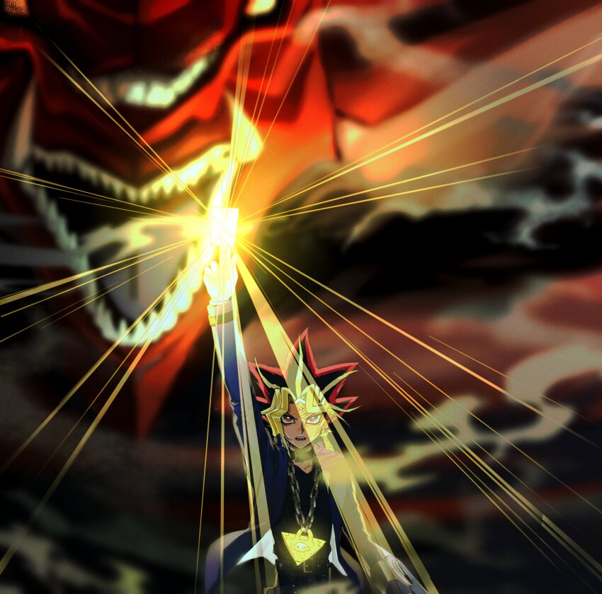 1boy absurdres arm_up atem black_hair black_shirt blonde_hair blue_jacket blurry blurry_background card chain cowboy_shot dragon extra_mouth glowing_card highres holding holding_card jacket male_focus millennium_puzzle multicolored_hair osiris_the_sky_dragon purple_eyes purple_hair shirt solo_focus spiked_hair trading_card yami_yugi ygogy55 yu-gi-oh! yu-gi-oh!_duel_monsters