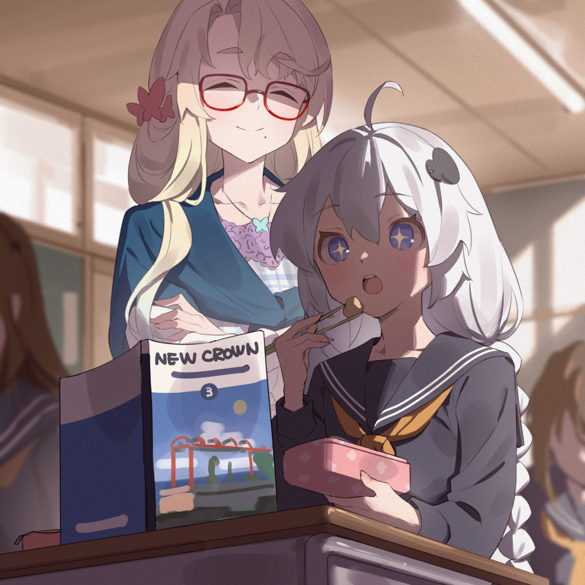 +_+ 4girls ahoge black_sailor_collar black_serafuku blue_eyes book braid chopsticks classroom closed_eyes closed_mouth collarbone desk glasses grey_hair hair_between_eyes hair_ornament haruno_sora highres holding holding_chopsticks indoors kizuna_akari long_hair long_sleeves mole mole_under_mouth multiple_girls neckerchief open_book open_mouth orange_neckerchief pencil_case red-framed_eyewear sailor_collar school_desk school_uniform serafuku smile twin_braids voiceroid yamamomo_(plank)
