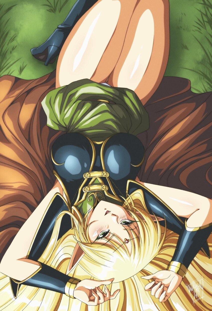 1990s_(style) 1girl absurdres armor blonde_hair boots breastplate cape circlet danmakuman deedlit dress elf grass green_dress green_eyes high_heel_boots high_heels highres long_hair long_pointy_ears looking_at_viewer pauldrons pointy_ears record_of_lodoss_war retro_artstyle shoulder_armor smile solo thick_thighs thighs very_long_hair