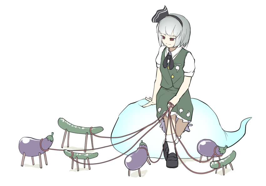 1girl black_bow black_bowtie black_hairband black_ribbon black_shoes bob_cut bow bow_hairband bowtie buttons collared_shirt cucumber eggplant frilled_skirt frills green_skirt green_vest grey_hair hair_ribbon hairband hitodama hitodama_print holding holding_leash konpaku_youmu konpaku_youmu_(ghost) leash loafers no_nose no_pupils peroponesosu. red_eyes ribbon shirt shoes short_hair shouryouuma simple_background sitting skirt skirt_set sleeves_rolled_up socks solo touhou vest what white_background white_hair white_shirt