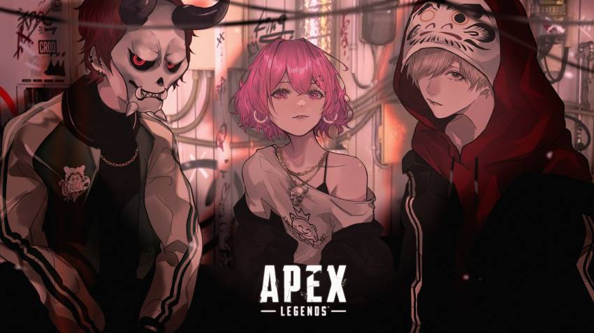 1girl 2boys absurdres apex_legends arisakaaa_(crazy_raccoon) black_horns black_jacket black_shirt bra_strap cable closed_mouth collarbone commentary_request copyright_name crazy_raccoon daruma_is_god demon_horns drawstring earrings gold_necklace graffiti grey_eyes grey_hair hair_between_eyes hair_ornament hairclip highres hood hood_up hoodie hoop_earrings horns indie_utaite indoors jacket jacket_over_hoodie jacket_partially_removed jewelry letterman_jacket lipstick long_sleeves looking_at_viewer makeup mano_aaa mask multiple_boys necklace nqrse open_clothes open_jacket parallel_hairclips pink_eyes pink_hair pink_lips red_hair red_hoodie shirt short_hair single-shoulder_shirt single_bare_shoulder skull_necklace t-shirt upper_body utaite white_shirt white_sleeves wire