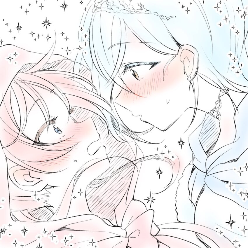 2girls bishie_sparkle blue_eyes blue_hair blush capelet ear_blush eye_contact floating_hair highres hood hood_up hooded_capelet looking_at_another love_live! love_live!_superstar!! mame_mochiko medium_hair multiple_girls nose_blush open_mouth pale_color parted_lips portrait profile red_capelet red_hair short_hair_with_long_locks simple_background sparkle tiara wakana_shiki white_background yellow_eyes yoneme_mei yuri
