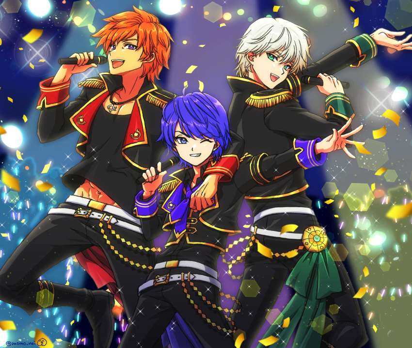 3boys aizel_(dq10) alternate_costume alternate_universe arm_around_shoulder bishie_sparkle black_pants black_shirt blue_eyes blue_hair blue_necktie commentary_request confetti dragon_quest dragon_quest_x epaulettes glowstick green_eyes highres holding holding_microphone jewelry knee_up looking_at_viewer looking_to_the_side male_focus microphone midriff_peek miran_(dq10) momo_nei multiple_boys navel necklace necktie one_eye_closed open_mouth orange_hair pants penlight_(glowstick) purple_eyes risoru_(dq10) shirt short_hair stage_lights tan toned toned_male twitter_username white_hair