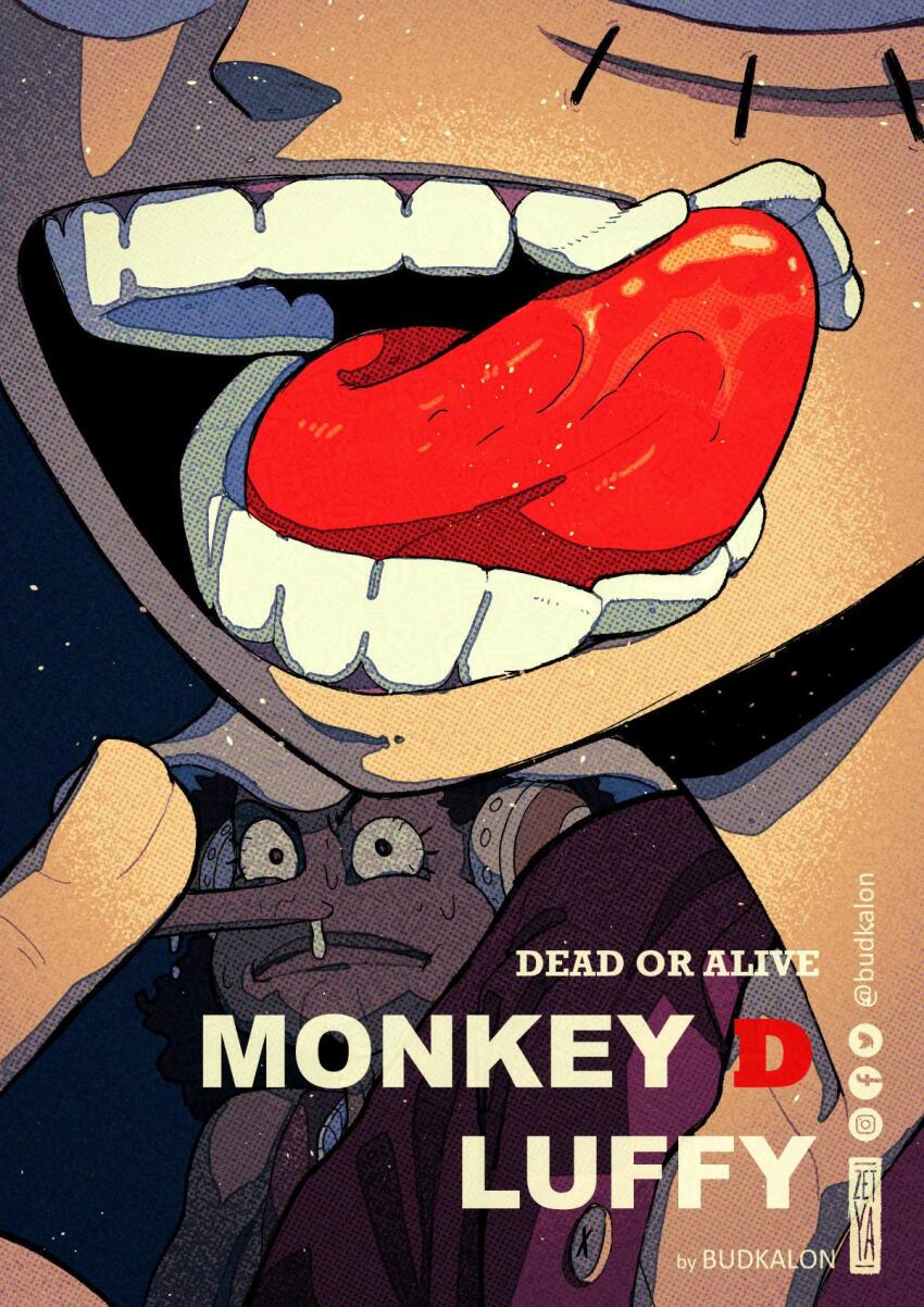 2boys artist_name bending black_hair budkalon buttons character_name dark-skinned_male dark_skin earphones hat highres licking long_nose monkey_d._luffy multiple_boys one_piece pointing pointing_at_self red_shirt scar scar_on_face shirt snot teeth tongue tongue_out uncomfortable usopp white_hat