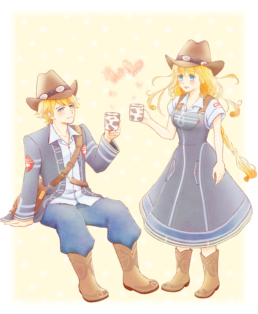 1boy 1girl :d alternate_costume animal_print azu_rin_go bag blonde_hair blue_eyes blue_jacket blue_overalls blue_shirt blush bokujou_monogatari bokujou_monogatari:_mittsu_no_sato_no_taisetsuna_tomodachi boots border braid brown_bag closed_mouth collarbone collared_shirt cow_print cowboy_boots cowboy_hat cup denim denim_overalls full_body hair_between_eyes hat heart highres holding holding_cup invisible_chair jacket jeans long_hair looking_at_another low_twin_braids matching_outfits mug nanami_(bokujou_monogatari) open_mouth overall_skirt overalls pants pocket polka_dot polka_dot_background shirt short_hair short_sleeves shoulder_bag sitting sleeves_rolled_up smile standing twin_braids very_long_hair wayne_(bokujou_monogatari) white_border wing_collar yellow_background