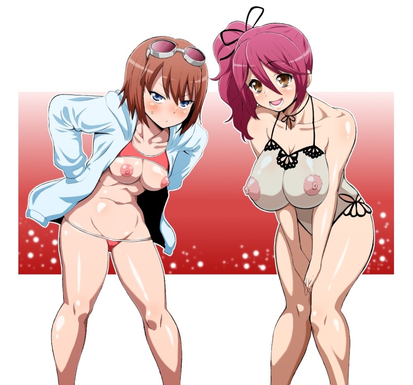2girls bikini breasts brown_hair cheria_barnes hokuto_(artist) hokuto_(tokuho) huge_areola large_breasts looking_at_viewer medium_breasts multiple_girls nipples pink_hair pointless_clothes pointless_clothing rita_mordio see-through_clothes see-through_shirt shirt swimsuit tagme tales_of_(series) tales_of_graces tales_of_vesperia topless_female transparent transparent_clothes transparent_swimsuit useless_clothes useless_clothing