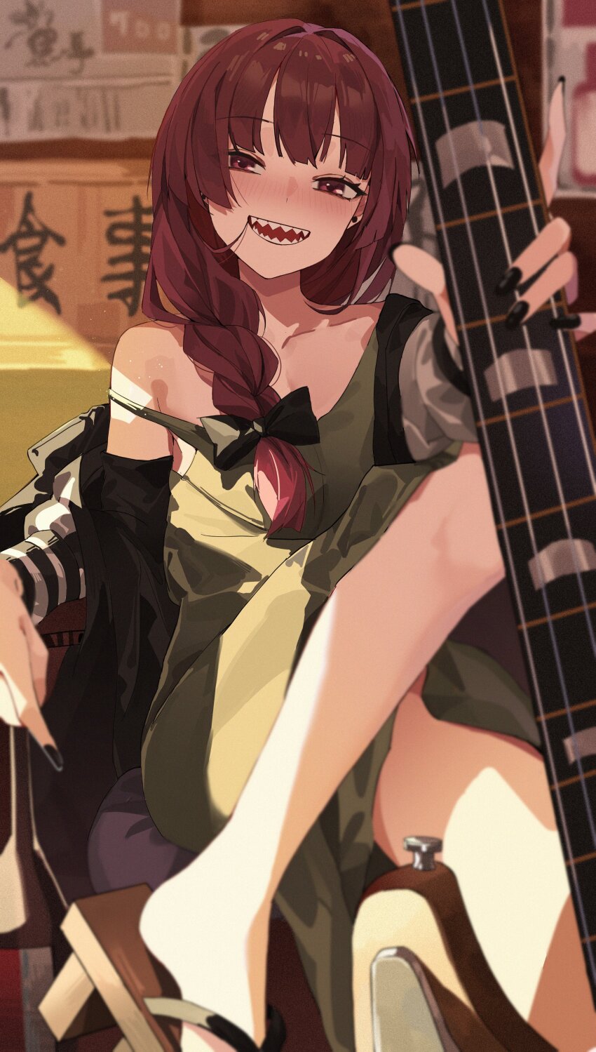 1girl absurdres black_bow black_jacket black_nails blush bocchi_the_rock! bow braid commentary dress eimizzzzz bass_guitar geta green_dress hair_bow hair_in_own_mouth highres hiroi_kikuri jacket long_hair loose_hair_strand nail_polish open_mouth purple_eyes purple_hair sharp_teeth single_braid sleeveless sleeveless_dress solo teeth
