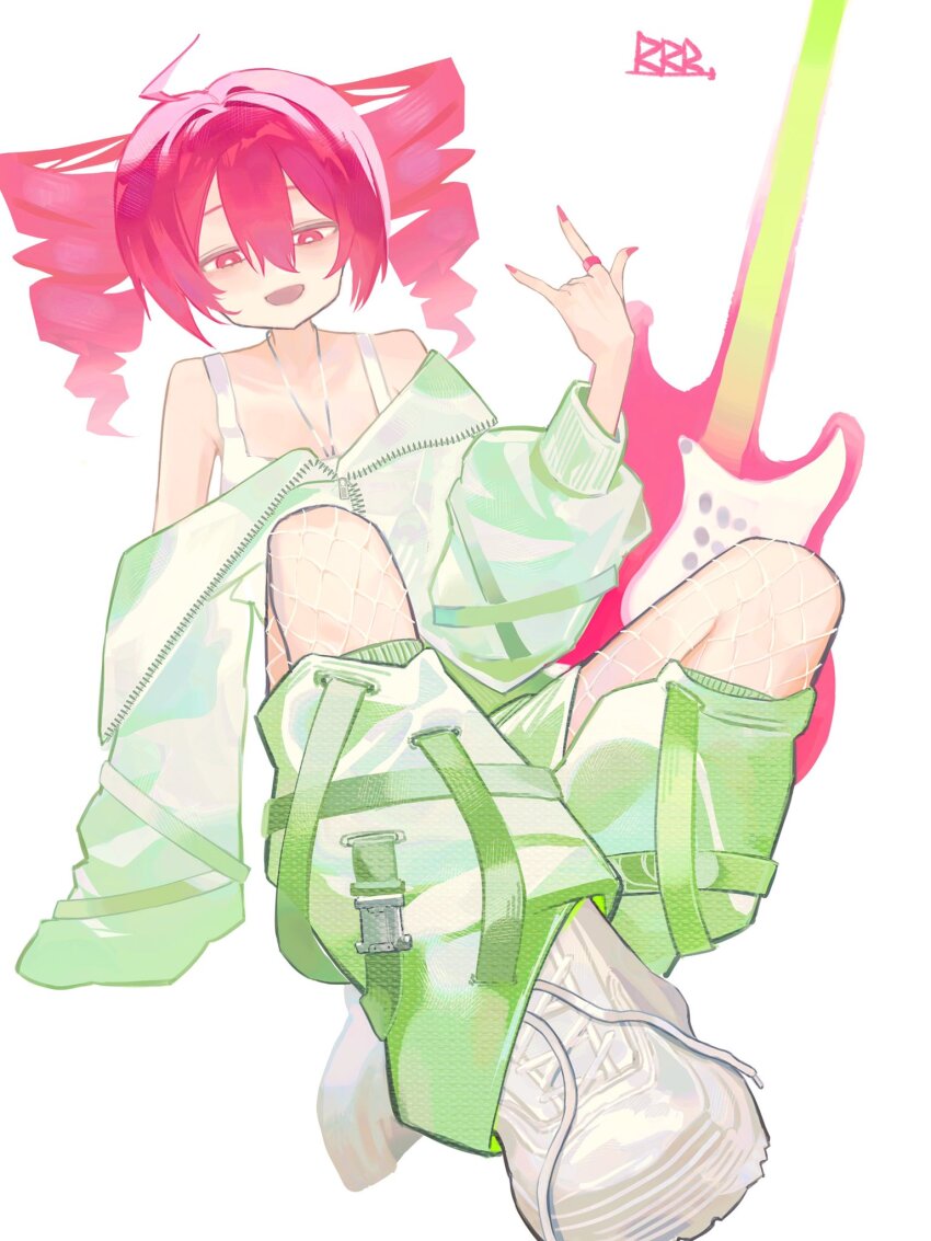 1girl \m/ ahoge alternate_costume bright_pupils camisole drill_hair electric_guitar fingernails fishnets flat_chest green_jacket green_skirt green_socks guitar hair_between_eyes highres instrument jacket jewelry kasane_teto kneehighs lewenxijian long_sleeves nail_polish open_clothes open_jacket parted_bangs red_eyes red_hair red_nails ring shoes skirt three-quarter_sleeves sleeves_past_fingers sleeves_past_wrists sneakers socks twin_drills utau very_long_sleeves white_camisole white_footwear white_pupils