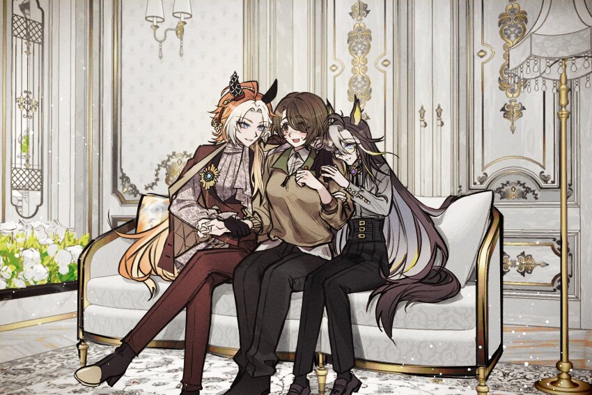 3girls ahoge animal_ears arm_around_neck black_gloves black_hair black_pants black_tail blonde_hair blue_eyes blush breasts brown_hair brown_jacket brown_pants brown_sweater brown_vest chain collared_shirt colored_inner_hair commentary_request couch crossed_legs door dream_journey_(umamusume) dress_shirt ear_covers ear_ornament european_architecture female_trainer_(umamusume) floor_lamp girl_sandwich glasses gloves gold_chain gold_trim grey_shirt hair_over_one_eye head_on_another&#039;s_shoulder high-waist_pants highres holding_another&#039;s_arm holding_another&#039;s_wrist horse_ears horse_girl horse_tail indoors jacket jacket_on_shoulders korean_commentary lamp lampshade long_hair multicolored_hair multiple_girls neck_ribbon nervous oc_x_canon orange_hair orfevre_(umamusume) original pants parted_bangs puipui_morka ribbon sandwiched sato_sachiko_(puipui_morka) shirt shoes short_hair siblings sisters sitting smile sweater tail trainer_(umamusume) umamusume very_long_hair vest waistcoat white_hair white_shirt yuri