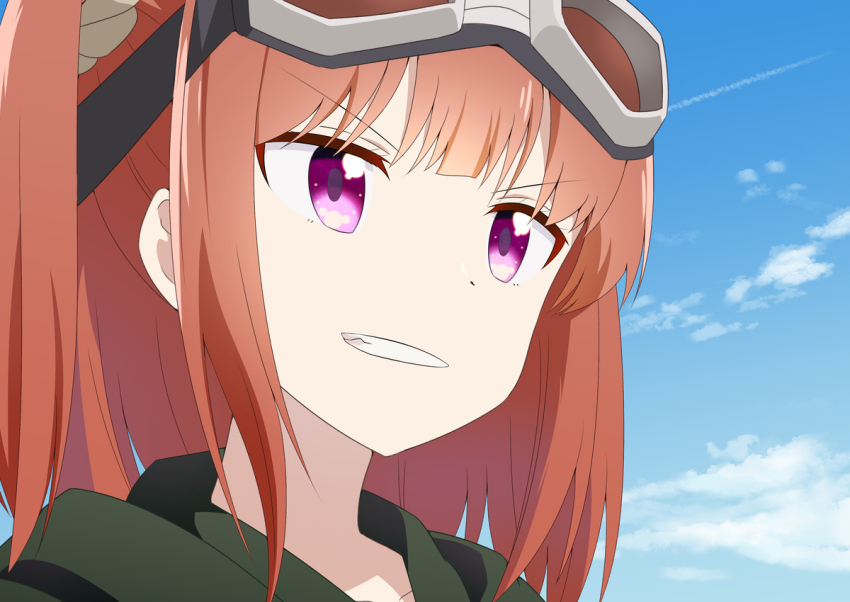 1girl blue_sky cloud commentary_request day derivative_work goggles goggles_on_head grin hood hood_down hoshikuzu_telepath long_hair orange_hair outdoors portrait purple_eyes raimon_matataki sky smile solo v-shaped_eyebrows yutsuki_warabi