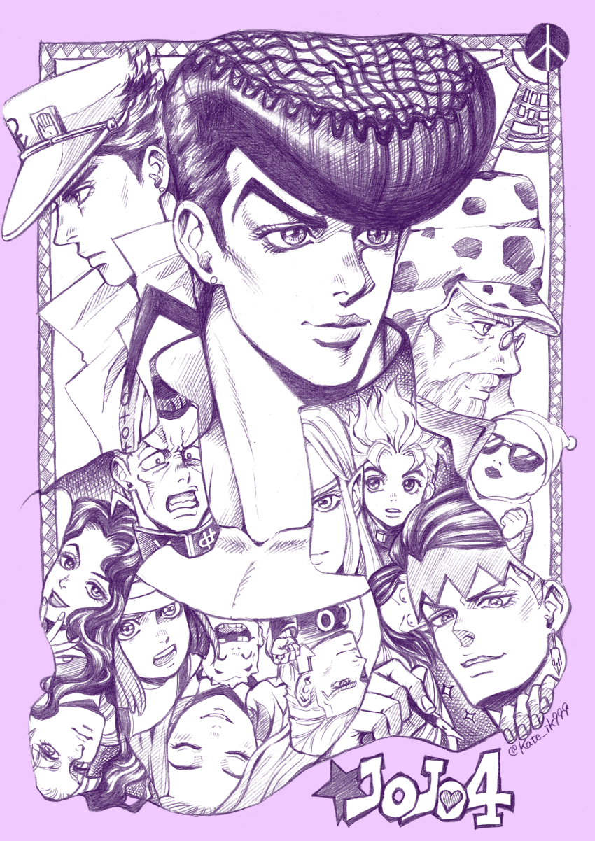 4girls 6+boys clenched_teeth closed_eyes closed_mouth collared_coat commentary_request copyright_name diamond_wa_kudakenai dollar_sign earrings facial_mark framed gakuran glasses hairband hat hazamada_toshikazu hazekura_mikitaka headband heart higashikata_josuke highres hirose_koichi holding holding_pen jewelry jojo_no_kimyou_na_bouken joseph_joestar joseph_joestar_(old) kawajiri_hayato keijin_(numb9_kai) kishibe_rohan kuujou_joutarou long_hair looking_at_another looking_at_viewer looking_away looking_to_the_side monochrome multiple_boys multiple_girls nib_pen_(object) nijimura_keicho nijimura_okuyasu open_mouth peace_symbol pen pointy_ears pompadour purple_background purple_theme school_uniform shizuka_joestar short_hair smile star_(symbol) stud_earrings sugimoto_reimi sunglasses teeth tsuji_aya upper_body yamagishi_yukako yangu_shigekiyo yen_sign