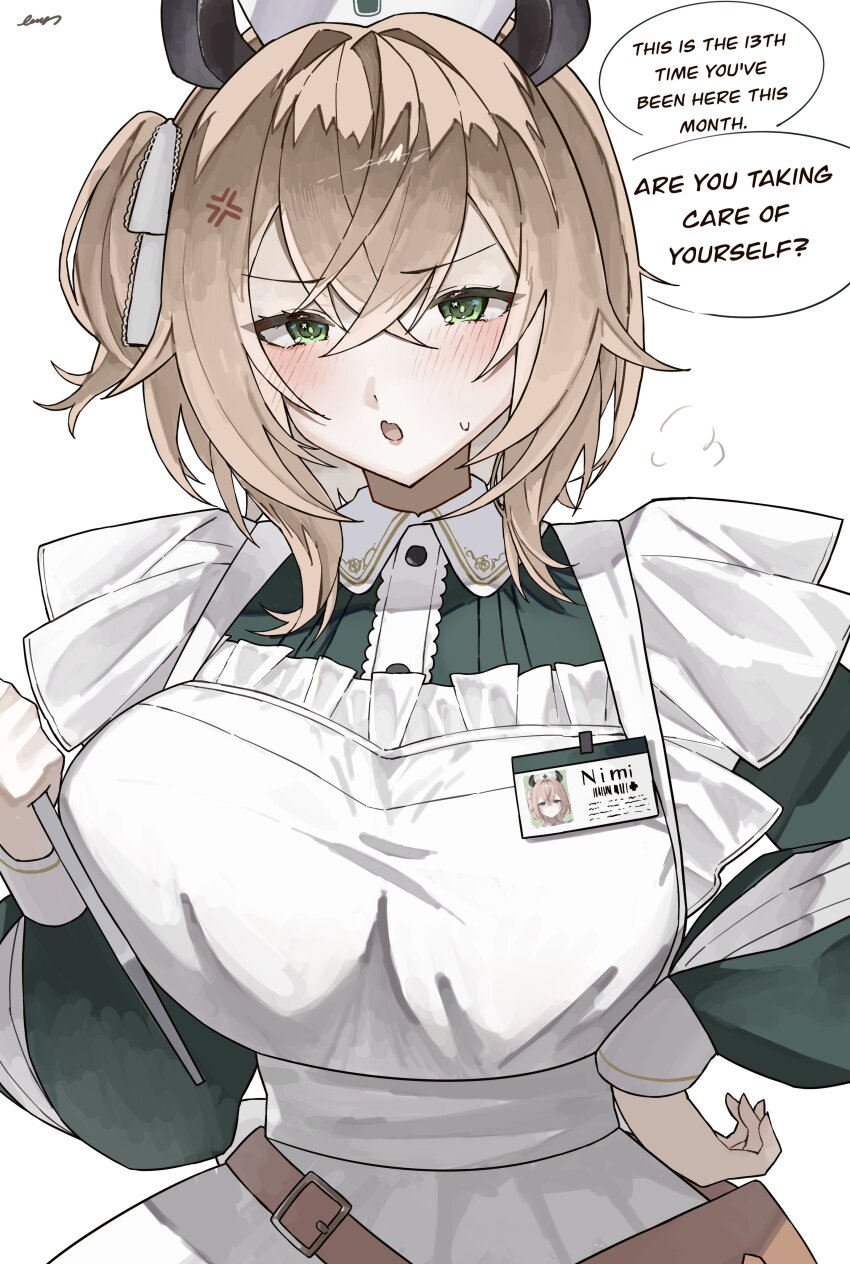 1girl absurdres animal_ears apron contrast_collar dress english_text ewn glaring green_dress green_eyes hat highres indie_virtual_youtuber looking_at_viewer name_tag nimi_nightmare nurse nurse_cap one_side_up pout round_collar rounded_collar sleeve_slit smile solo speech_bubble tapir_ears tapir_girl virtual_youtuber waist_bag white_apron