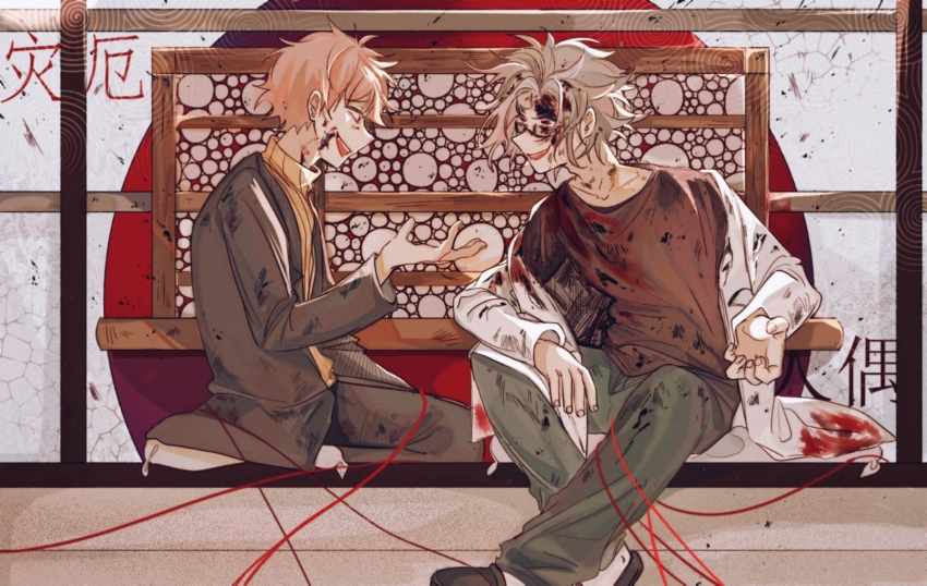 2boys atou_haruki black_jacket black_pants black_shirt black_slippers blood blood_on_clothes blood_on_face chinese_commentary collarbone commentary_request glasses green_pants grey_hair highres jacket kanou_aogu lab_coat lemijiang long_sleeves male_focus multiple_boys off_shoulder open_clothes open_jacket open_mouth orange_hair pants rectangular_eyewear red_eyes ribbed_sweater saibou_shinkyoku semi-rimless_eyewear shirt short_hair sitting slippers smile spoilers sweater yellow_sweater