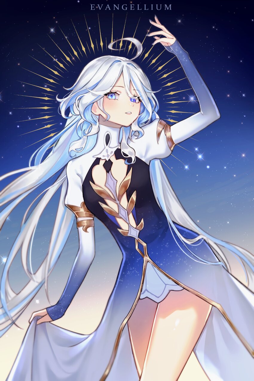 1girl absurdres ahoge arm_up artist_name blue_dress blue_eyes blue_hair blue_nails blue_pupils breasts clothing_cutout commentary dress evangellium furina_(genshin_impact) genshin_impact halo halo_behind_head highres long_hair long_sleeves looking_at_viewer mismatched_pupils multicolored_hair nail_polish parted_lips skirt_hold sleeves_past_wrists small_breasts solo standing star_(sky) streaked_hair teeth thighs two-tone_hair very_long_hair white_hair