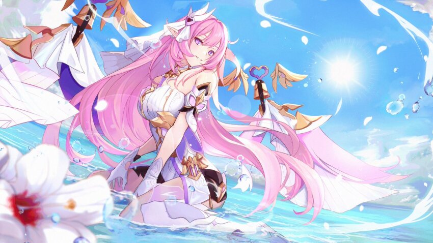 1girl afloat bare_shoulders bell black_shorts blue_sky boots breasts clothing_cutout detached_sleeves elf elysia_(herrscher_of_human:_ego)_(honkai_impact) elysia_(honkai_impact) flower gloves hair_between_eyes high_heel_boots high_heels honkai_(series) honkai_impact_3rd large_breasts long_hair looking_at_viewer ocean outdoors pink_hair pointy_ears purple_eyes shirt short_shorts short_sleeves shorts side_cutout sky summer sun triquetra untue veil very_long_hair white_flower white_footwear white_shirt white_veil