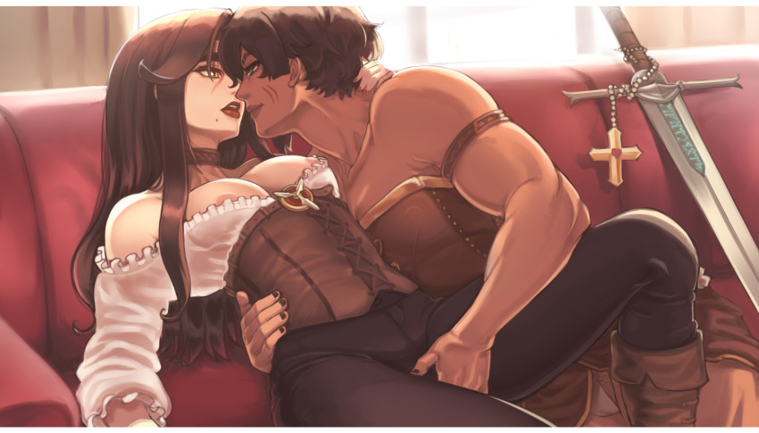 2girls black_nails black_pants bloopiest boots breasts brown_boots brown_hair carina_(bloopiest) choker corset couch dark-skinned_female dark_skin facial_scar frilled_sleeves frills green_eyes hand_on_another&#039;s_hip hand_on_another&#039;s_neck hand_on_another&#039;s_thigh highres imminent_fingering imminent_kiss jewelry large_breasts lips long_hair mole mole_under_mouth multiple_girls muscular muscular_arms muscular_female necklace nipples original pants red_lips red_nails scar scar_on_cheek scar_on_face short_hair shoulderless_shirt sword victoria_(bloopiest) weapon yellow_eyes yuri