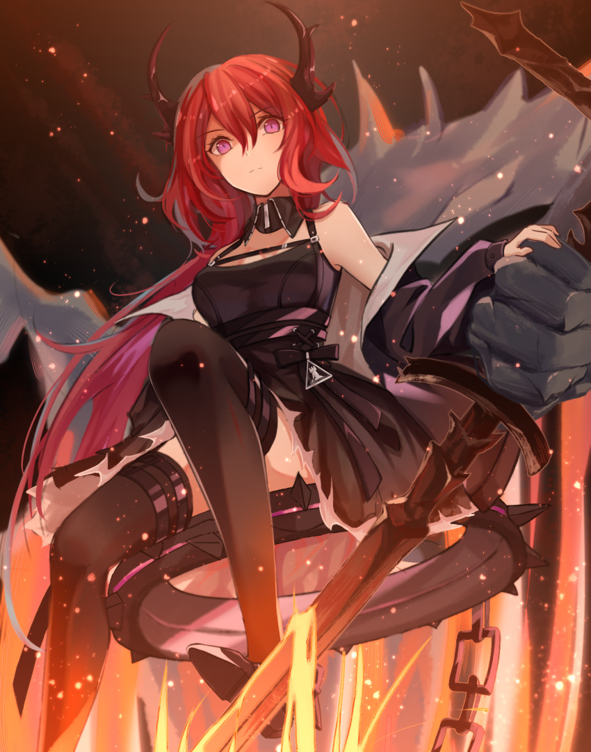1girl arknights black_dress black_thighhighs chain collar demon_girl demon_horns dress expressionless hair_between_eyes highres horns looking_down minuo off_shoulder purple_eyes red_hair sitting solo spiked_collar spikes surtr_(arknights) thighhighs