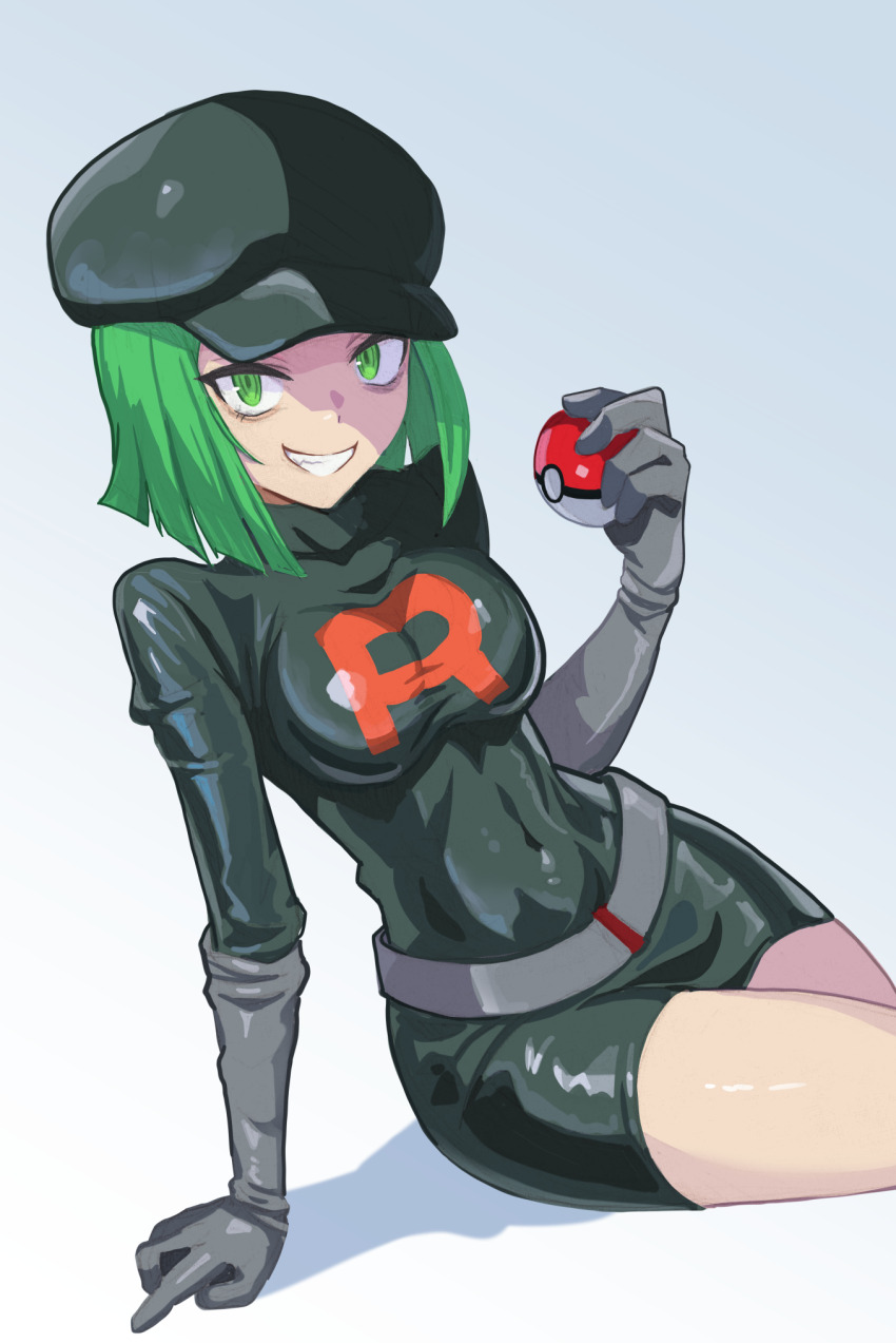 1girl adapted_costume arm_support bags_under_eyes bodysuit breasts green_eyes green_hair grin hat highres latex latex_bodysuit looking_at_viewer medium_breasts nintendo poke_ball pokemon pokemon_frlg raftetram shiny_clothes short_hair skin_tight smile solo team_rocket team_rocket_grunt team_rocket_uniform
