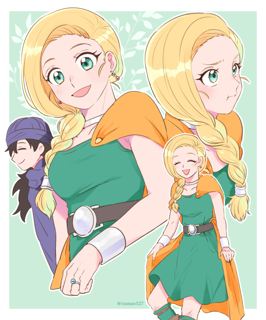 1boy 1girl belt bianca_(dq5) black_hair blonde_hair blue_eyes blush border bracelet braid breasts cape cloak closed_eyes closed_mouth collarbone commentary dragon_quest dragon_quest_v dress earrings feet_out_of_frame from_side green_dress green_socks hair_behind_ear hair_over_shoulder hero_(dq5) highres jewelry long_hair medium_breasts multiple_views neck_ring open_mouth orange_cape outside_border pout profile purple_cloak purple_turban ring single_braid smile socks tsunao527 twitter_username upper_body white_border