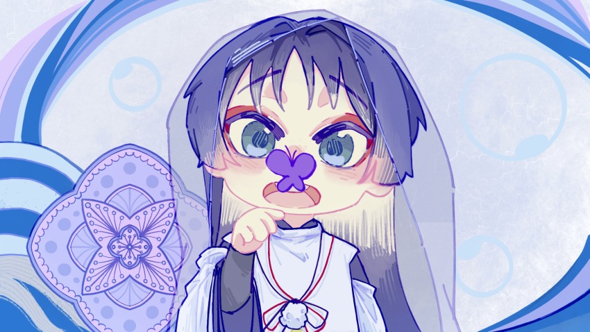 1boy abstract_background absurdres aged_down alternate_costume blue_background blue_eyes blue_hair bug butterfly butterfly_on_nose chibi chinese_commentary eyeliner feather_necklace genshin_impact hand_up highres insect japanese_clothes jewelry long_hair long_sleeves looking_at_animal makeup necklace open_mouth parted_bangs red_eyeliner scaramouche_(genshin_impact) scaramouche_(kabukimono)_(genshin_impact) see-through_clothes see-through_veil solo standing teeth upper_body upper_teeth_only veil wide_sleeves yeyu670712