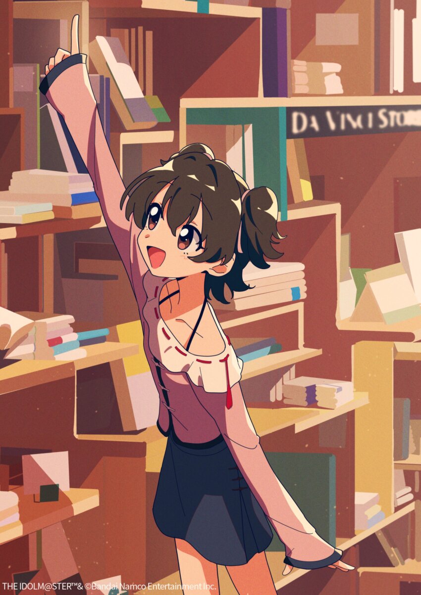 1girl :d absurdres akagi_miria black_hair book book_stack bookshelf bookstore brown_eyes copyright_name copyright_notice cowboy_shot flat_chest fragments_of_the_idolmaster_cinderella_girls highres idolmaster idolmaster_cinderella_girls nzeneee official_art open_mouth pointing reaching real_world_location shirt shop short_hair skirt smile solo two_side_up