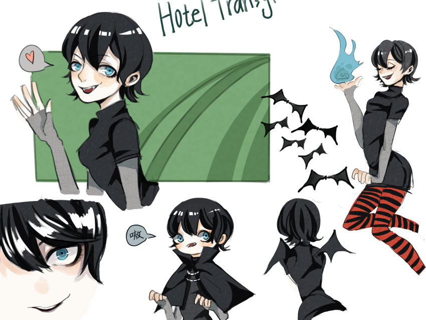 1girl bat_wings bats black_hair black_lips blue_eyes breasts fangs heart highres hotel_transylvania lipstick magic makeup mavis_dracula striped_legwear wings