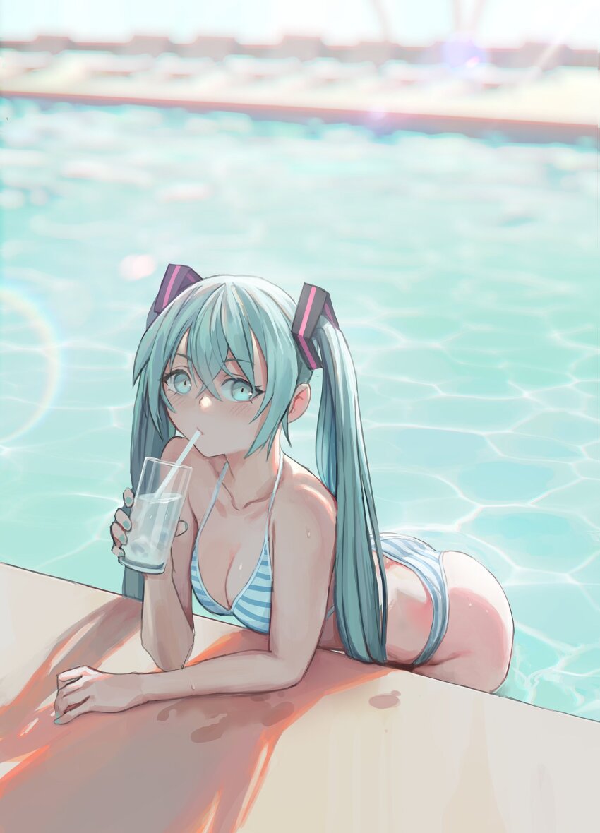 1girl ass bare_shoulders bent_over bikini blue_bikini blue_eyes blue_hair blue_nails blue_stripes blurry blurry_background breasts cleavage collarbone commentary cowboy_shot cup curled_fingers day double-parted_bangs drink drinking drinking_glass drinking_straw drinking_straw_in_mouth elbow_rest english_commentary eyebrows_hidden_by_hair hair_between_eyes hand_up hatsune_miku highres holding holding_cup leaning_forward lens_flare light_blush long_eyelashes long_hair looking_at_viewer medium_breasts multicolored_bikini partially_submerged pool poolside shadow sidelocks solo striped_bikini striped_clothes sunlight swimsuit thick_eyelashes thighs twintails two-tone_bikini vertigris very_long_hair vocaloid wading water wet wet_floor white_bikini