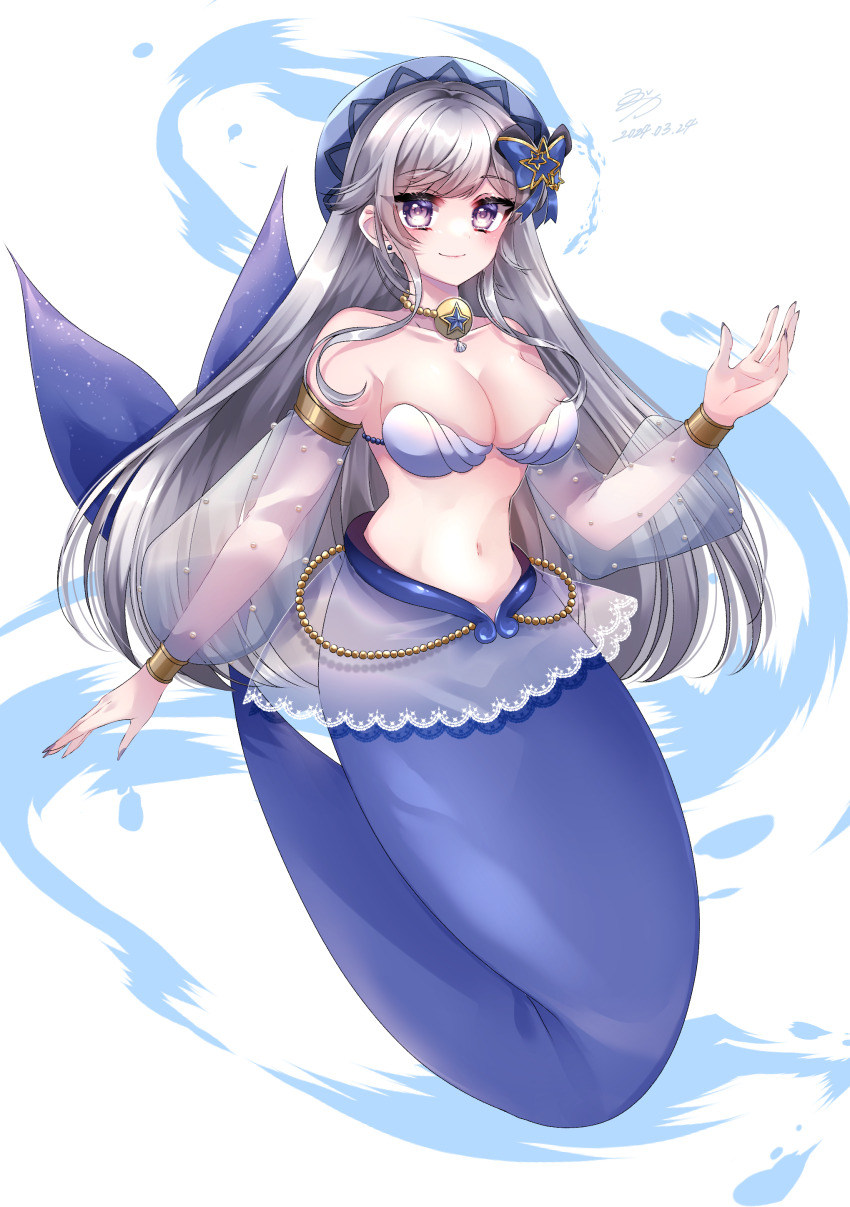 1girl absurdres bare_shoulders beret bikini blue_bow blue_hat blue_ribbon blush bow breasts cleavage collarbone commission detached_sleeves earrings grey_bikini hair_behind_ear hair_bow hair_ribbon hat highres hoshino_mirai indie_virtual_youtuber jewelry looking_at_viewer medium_breasts mermaid midriff monster_girl monsterification navel purple_eyes purple_nails ribbon see-through_clothes see-through_skirt shell shell_bikini skeb_commission skirt smile star_(symbol) swimsuit virtual_youtuber yuzuca_(trickster4594)