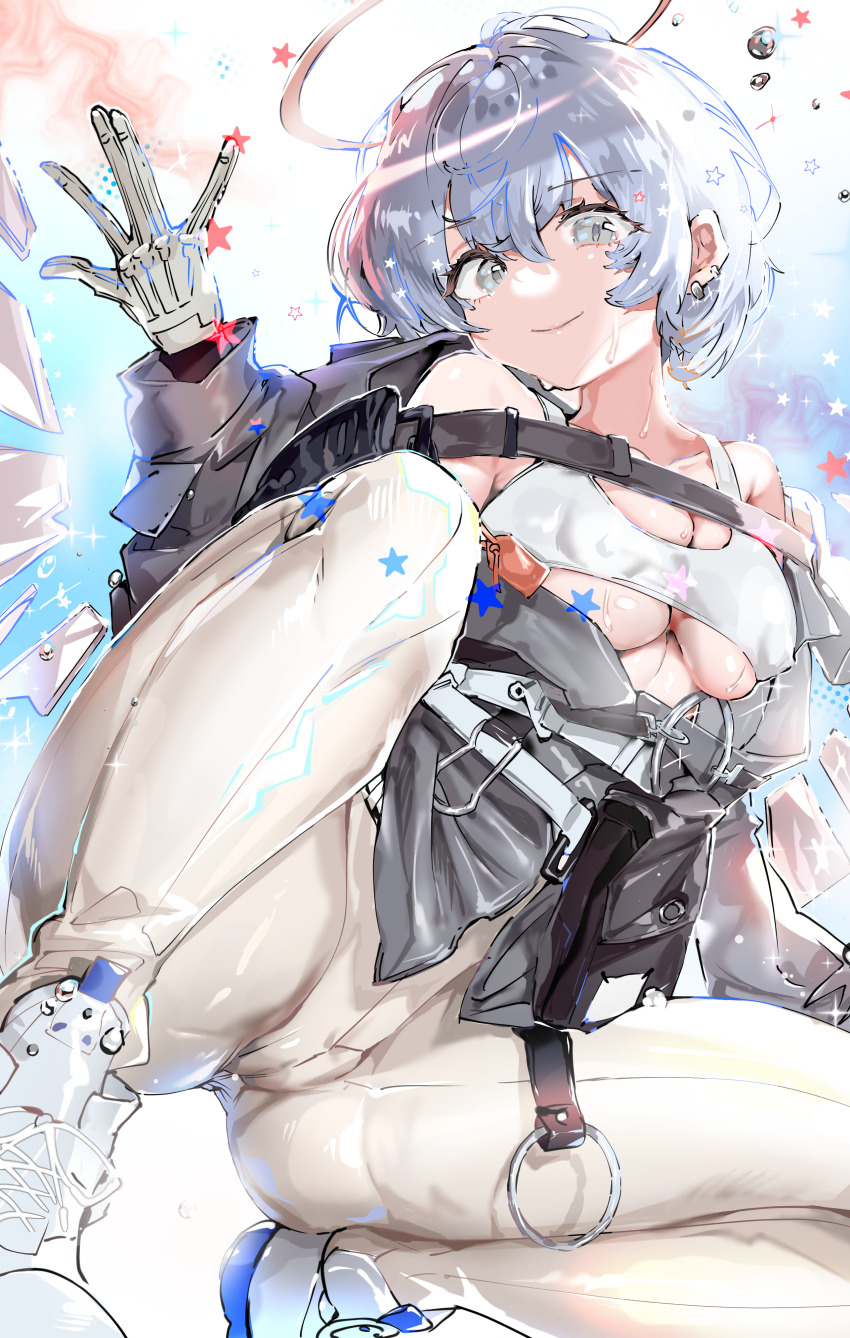 1girl absurdres arknights breasts closed_mouth collarbone detached_wings gloves grey_eyes grey_hair halo highres large_breasts looking_at_viewer pants shoes short_hair smile sneakers solo spuria_(arknights) sweat tekona0 tight_clothes tight_pants white_gloves white_pants white_shoes wings