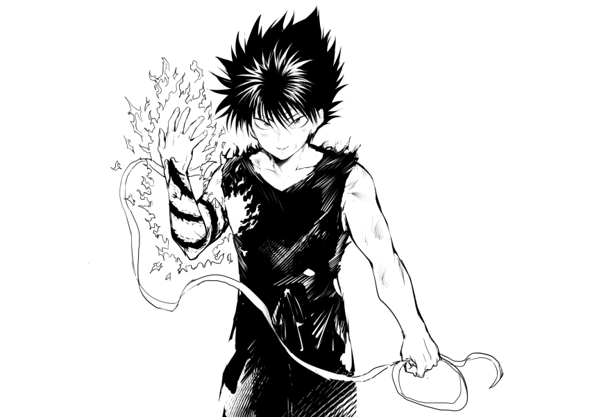 1boy arm_tattoo bandages bare_shoulders colored_skin dragon_tattoo fingernails greyscale hair_between_eyes hiei highres holding_bandages ikuchan_kaoru male_focus monochrome multicolored_skin open_hand parted_lips simple_background smile solo spiked_hair tattoo third_eye torn torn_clothes white_background yuu_yuu_hakusho