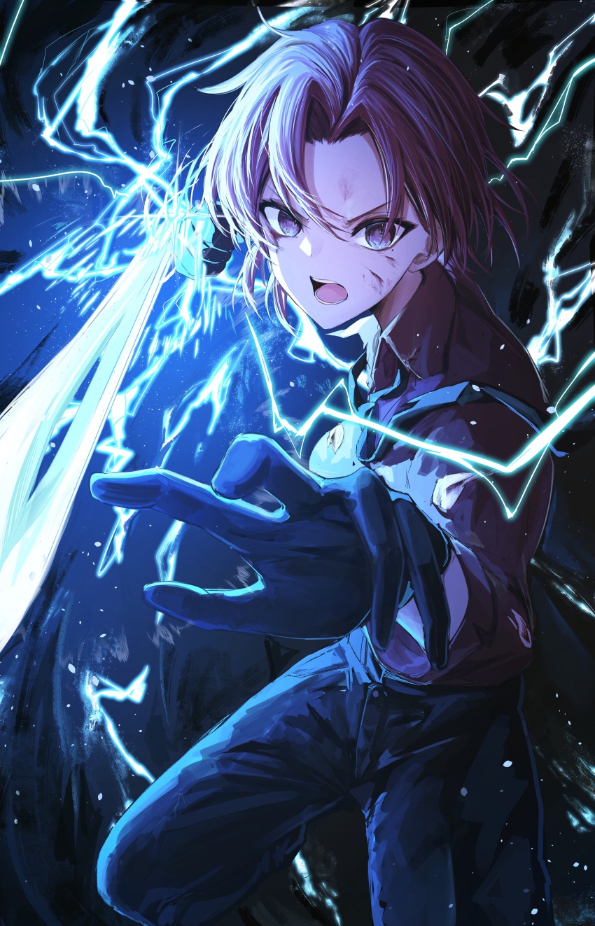 1girl absurdres bazett_fraga_mcremitz black_gloves black_necktie black_suit blood blood_on_face collared_shirt fate/grand_order fate_(series) formal_clothes fragarach_(fate) gloves glowing_fist highres imminent_punch long_sleeves looking_at_viewer manannan_mac_lir_(fate) manannan_mac_lir_(first_ascension)_(fate) mole mole_under_eye necktie parted_bangs red_eyes red_hair red_shirt shirt short_hair solo suit torn_clothes yagi_(yagi5art)