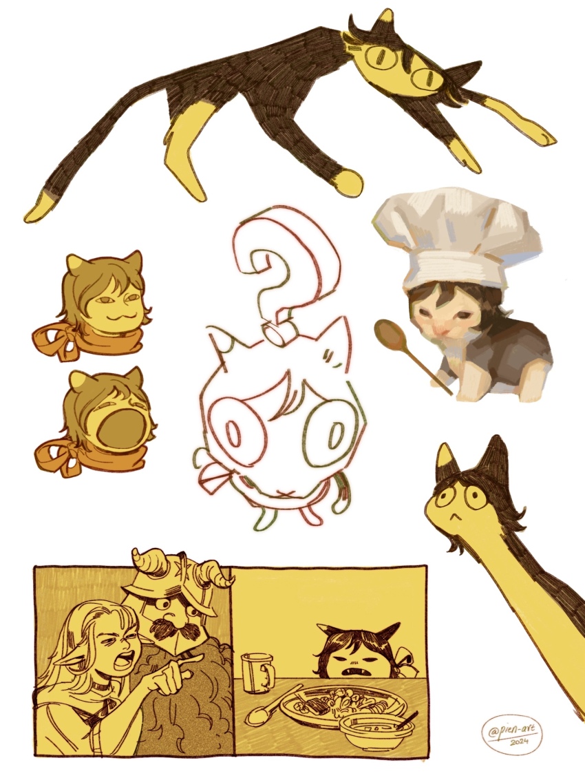 :3 ? animal_ears animalization beard cat cat_ears chef_hat dungeon_meshi facial_hair fake_horns hat helmet highres horned_helmet horns izutsumi long_beard long_neck meme multiple_views mustache open_mouth pien-art pointing pointy_ears pop_cat_(meme) senshi_(dungeon_meshi) spoon woman_yelling_at_cat_(meme) wooden_spoon
