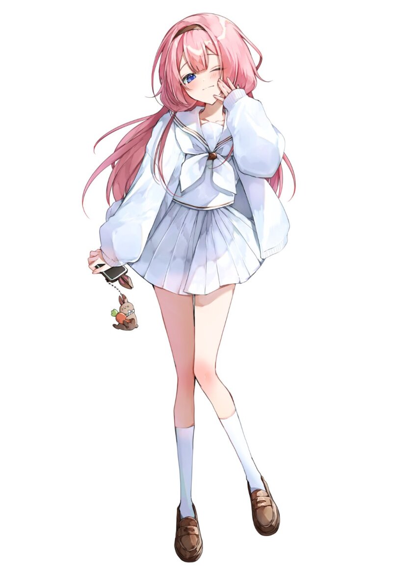 1girl black_hairband blue_eyes blush cellphone cellphone_charm charm_(object) full_body hair_between_eyes hairband hand_on_own_face highres holding holding_phone kawana_(spicaboy) loafers long_hair looking_at_viewer neckerchief nijisanji one_eye_closed phone pink_hair pleated_skirt school_uniform serafuku shoes simple_background skirt smartphone solo suo_sango tachi-e virtual_youtuber white_background white_neckerchief white_serafuku