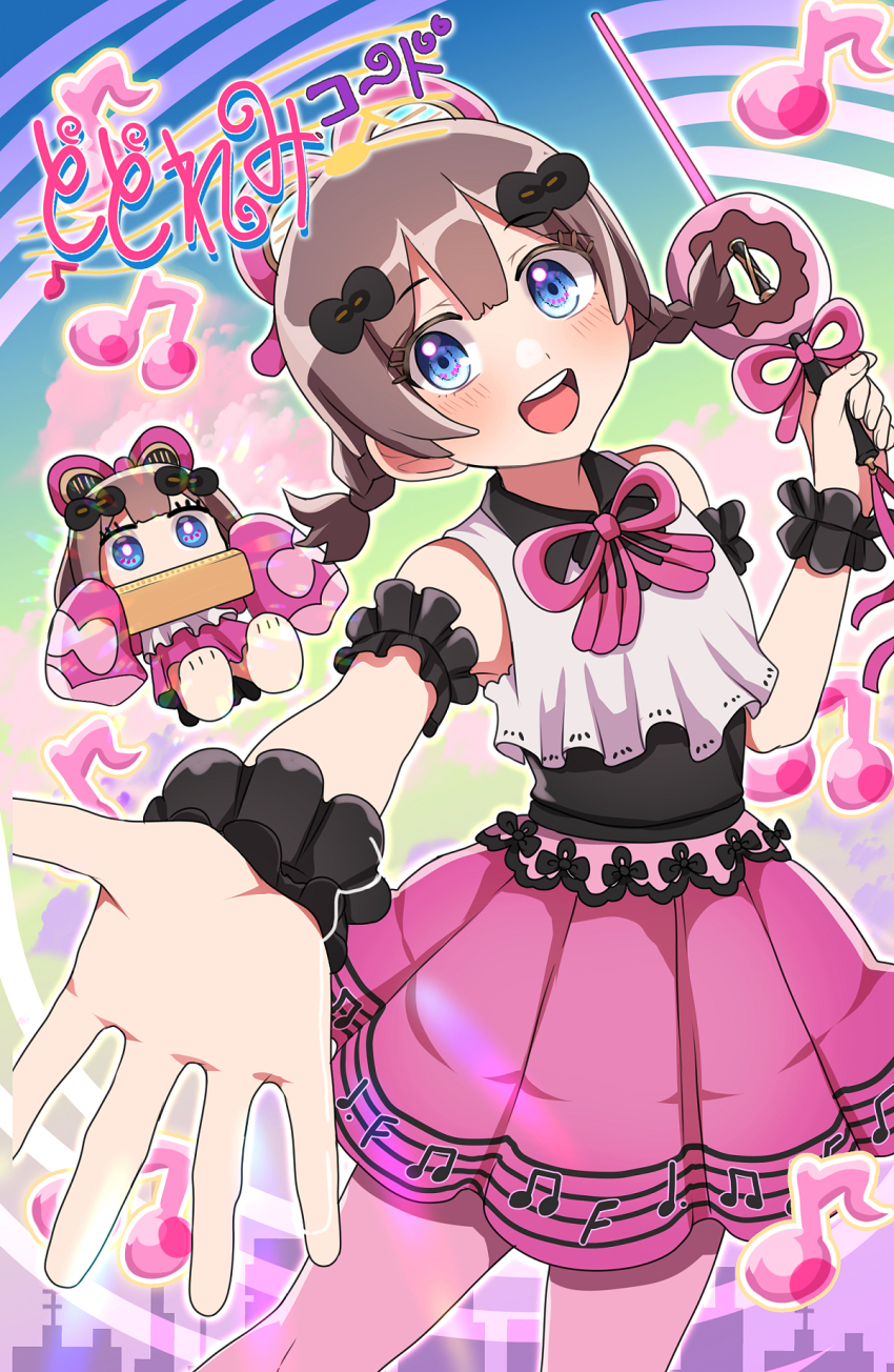 2girls arm_scrunchie black_scrunchie blue_eyes blush braid breasts brown_hair chibi dosolfachord_cutia dress duel_monster harmonica highres holding holding_staff instrument medium_breasts multiple_girls musical_staff open_mouth pink_skirt pinyata_(pinyaland) reaching reaching_towards_viewer scrunchie sheet_music skirt sleeveless smile staff teeth twin_braids twintails upper_teeth_only wrist_scrunchie yu-gi-oh!