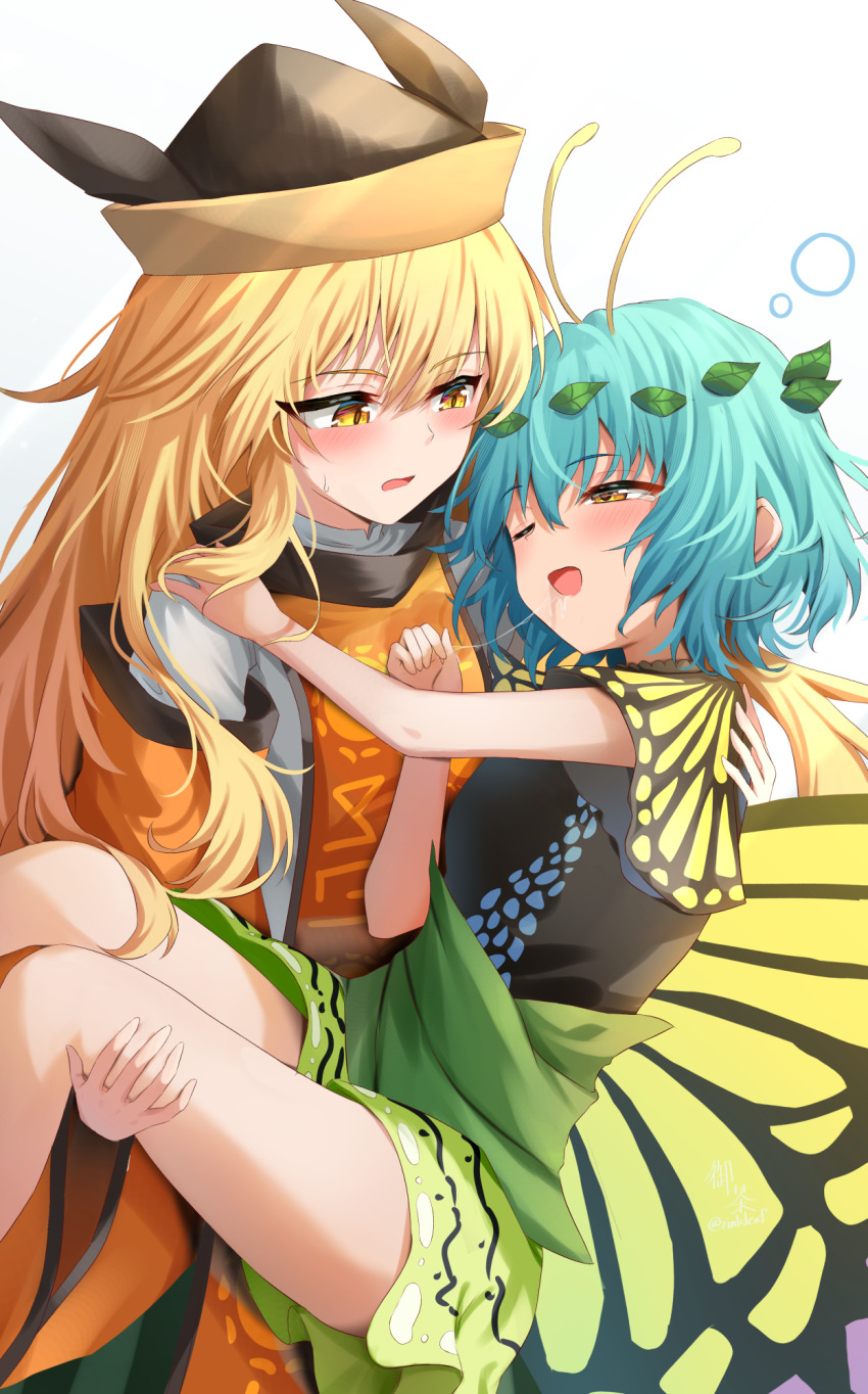 2girls antennae black_dress black_hat blonde_hair blue_hair blush brown_eyes butterfly_wings carrying commentary_request constellation_print detached_sleeves dress eternity_larva green_dress green_skirt hair_between_eyes hand_on_another&#039;s_shoulder hat highres insect_wings leaf leaf_on_head long_hair long_sleeves looking_at_another matara_okina multicolored_dress multiple_girls one_eye_closed open_mouth orange_sleeves orange_tabard princess_carry saliva shirt short_hair short_sleeves simple_background skirt sleepy smile standing tabard touhou white_background white_shirt wide_sleeves wings yellow_dress yellow_eyes yu_cha yuri
