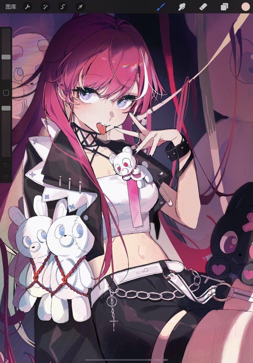 1girl animal_charm arin_(fanfan013) bear_charm belt black_choker black_garter black_jacket black_nails black_shorts black_sleeves bracelet breasts chain charm_(object) check_copyright choker cleavage collared_jacket commentary copyright_request cowboy_shot crop_top cropped_jacket cross cross_print eyelashes fishnet_choker frilled_jacket frilled_thigh_strap frills highres indoors jacket jewelry looking_at_viewer loose_hair_strand medium_breasts midriff multicolored_hair nail_polish navel open_clothes open_jacket open_mouth original pink_hair procreate_(medium) procreate_(software) purple_eyes ribbon shirt short_shorts short_sleeves shorts single_sidelock sitting smile solo straight_hair streaked_hair studded_bracelet stuffed_animal stuffed_rabbit stuffed_toy sunlight symbol-only_commentary teeth thigh_strap tongue upper_teeth_only v white_belt white_hair white_shirt